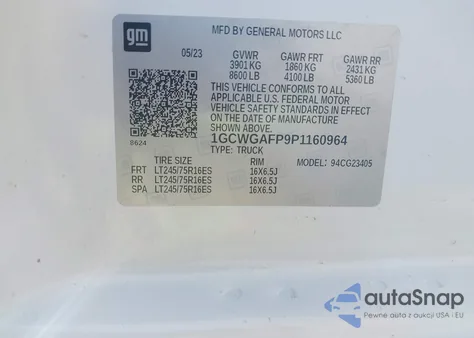 2023 Chevrolet Express Cargo Rwd 2500 Regular Wheelbase Wt from USA, damaged, VIN 1GCWGAFP9P1160964